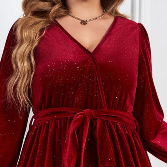 Melo Apparel Plus Size Surplice Neck Balloon Sleeve Tie Belt Midi Dress - Picture 4 of 8